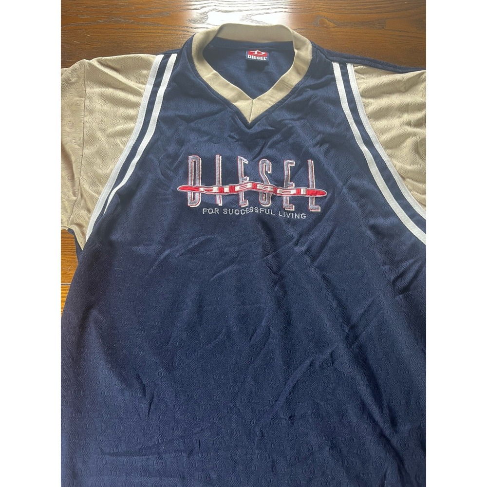 Diesel Y2K T-Shirt For Successful Living Blue Beige V-Neck Size Large